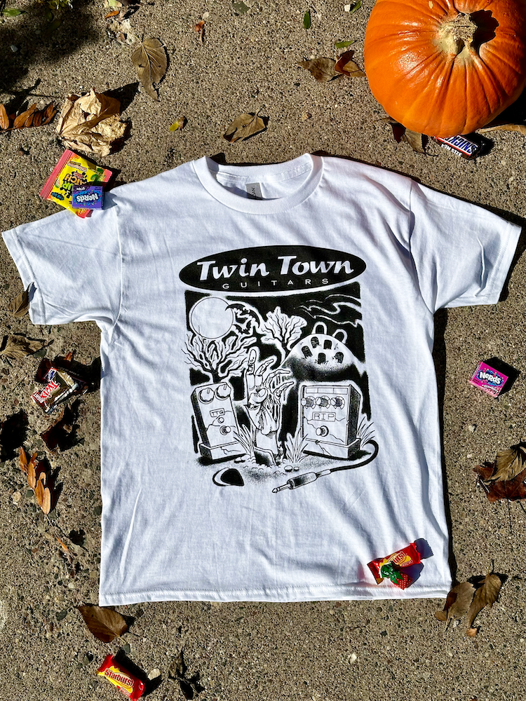 Twin Town Guitars White T-Shirt with Black Halloween Design Size Adult